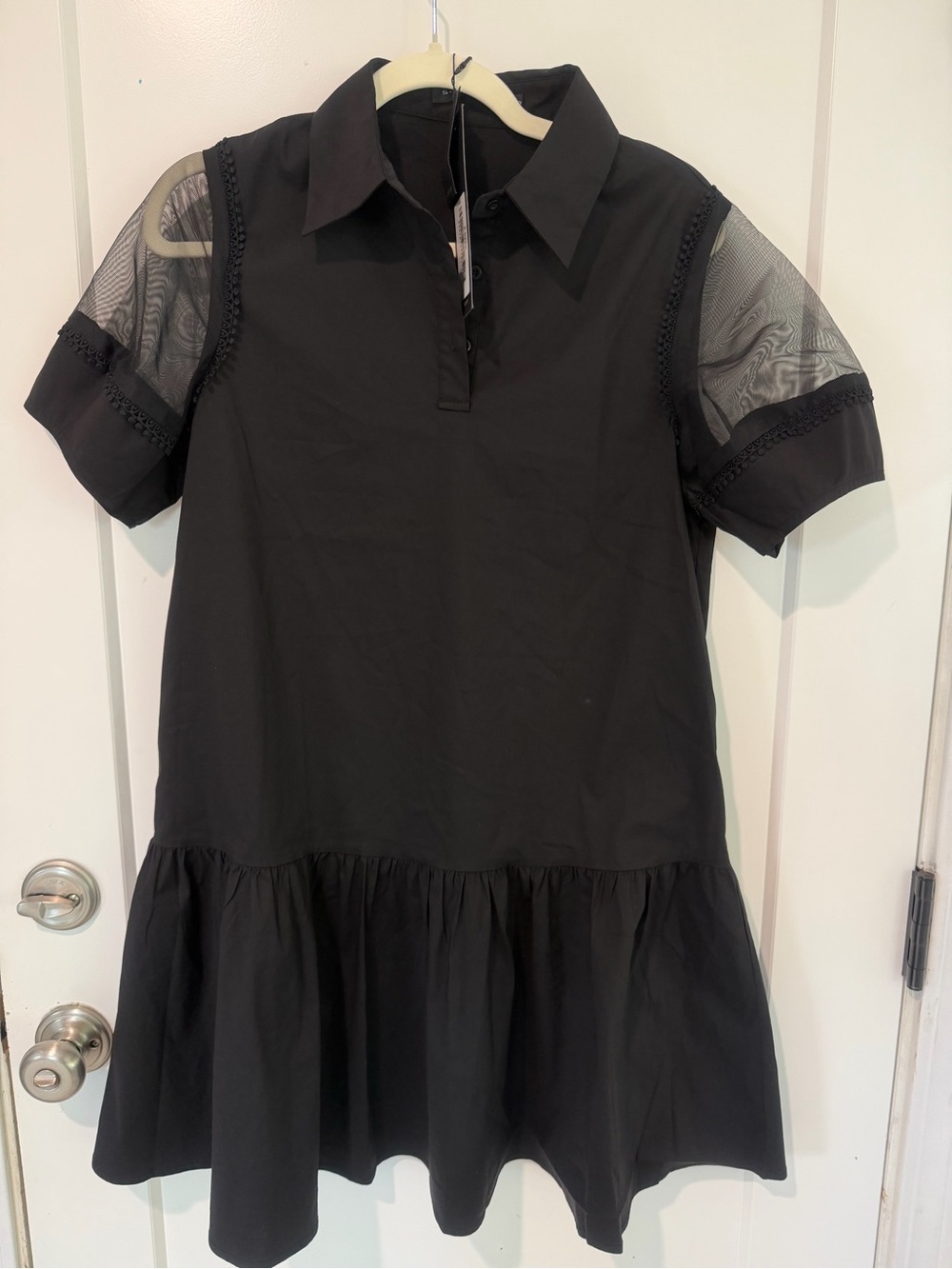 S. Deer Concept Black Mesh Sleeve Collared Drop Waist Mini Dress NWT Size Small